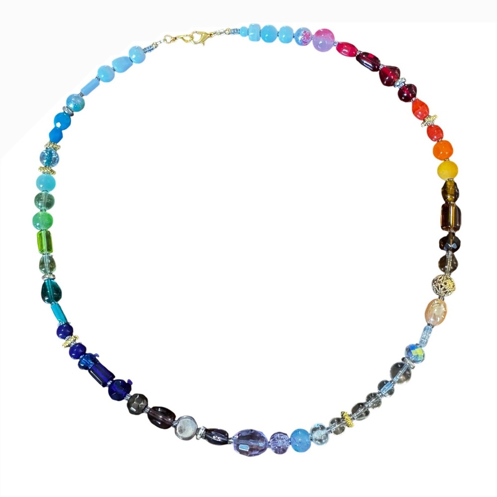 Handmade Beaded Necklace Womens 22" Rainbow Upcycled Ombre Statement - Picture 3 of 4